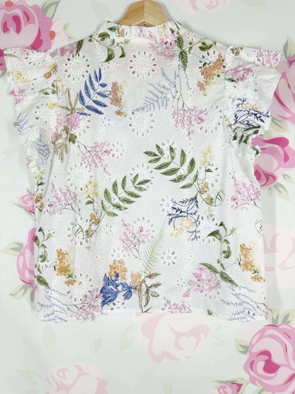 Solitaire White Eyelet Floral Tie-Neck Flutter-Sleeve Summer Spring Blouse S - Picture 4 of 7